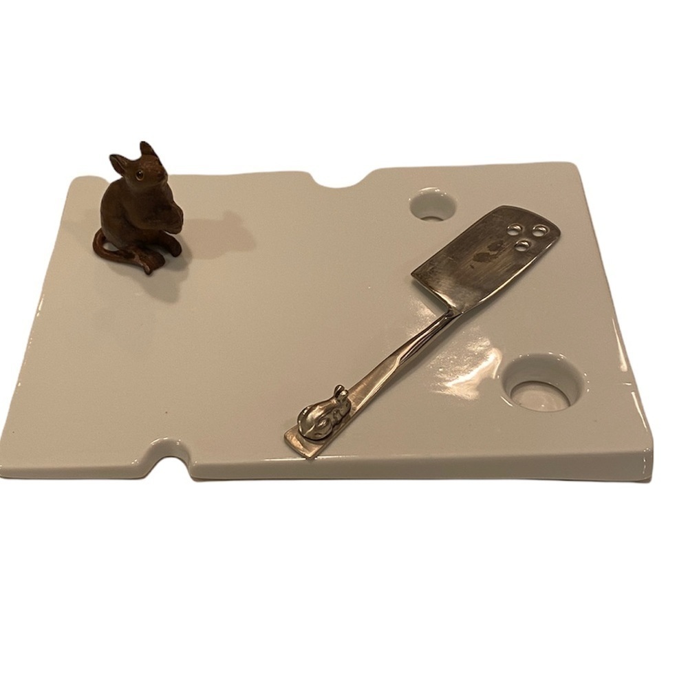 Abbott Collection White Ceramic Swiss Cheese Cutting Board with Silver Slicer